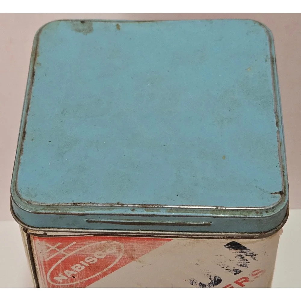 Vintage Nabisco Premium Saltine Crackers Tin Blue Lid 14oz‎ Metal Advertising